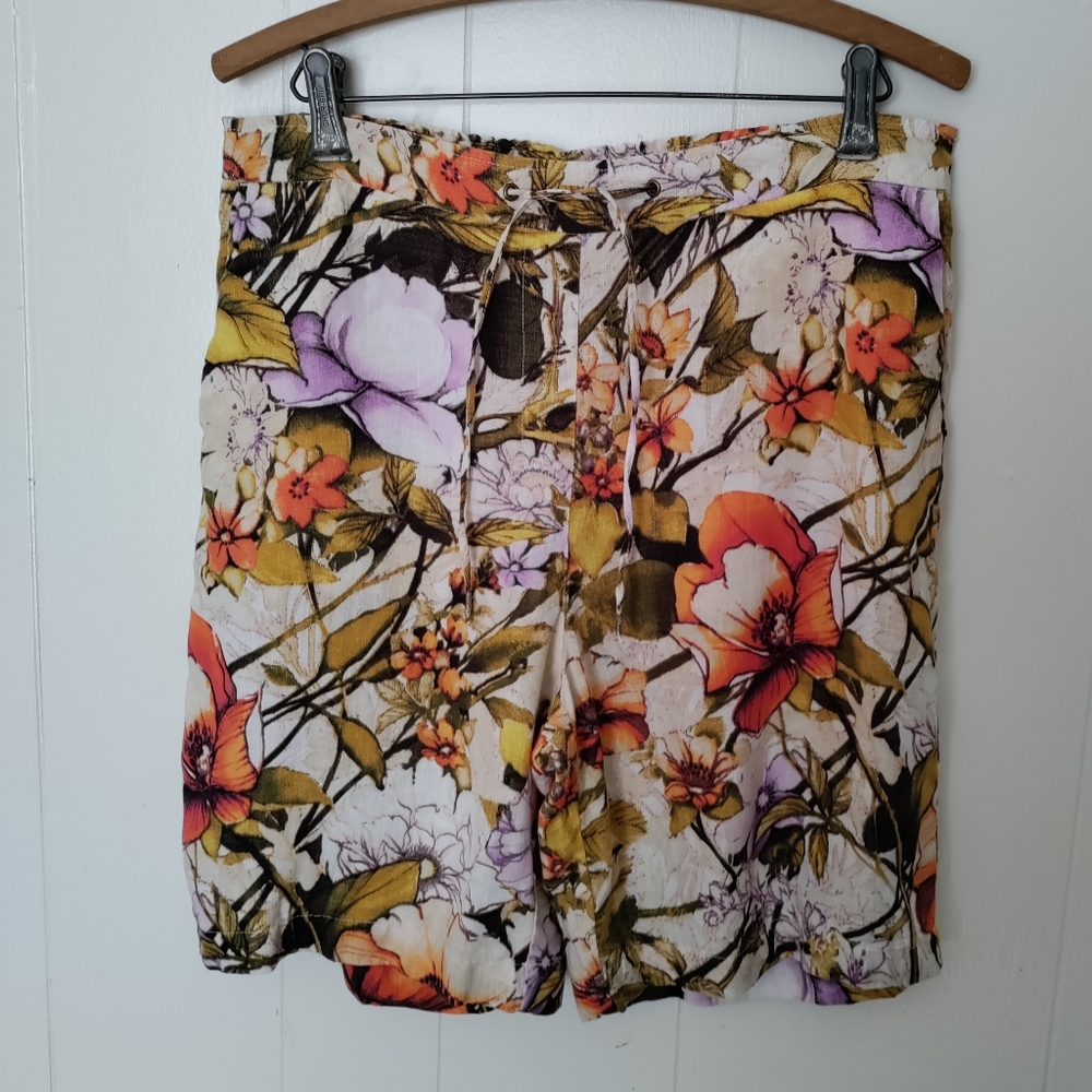 Linen drawstring shorts elastic back Bermuda long watercolor floral print boho